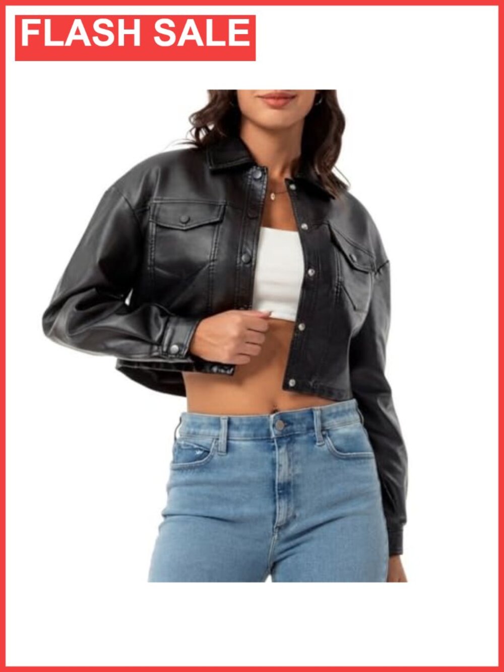 Faux Leather Cropped Moto Biker Jacket Point Collar Button Cuffs Party